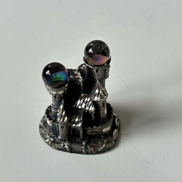 Vintage Mini Pewter Silver Castle Figurine with Glass Rainbow Orbs miniature